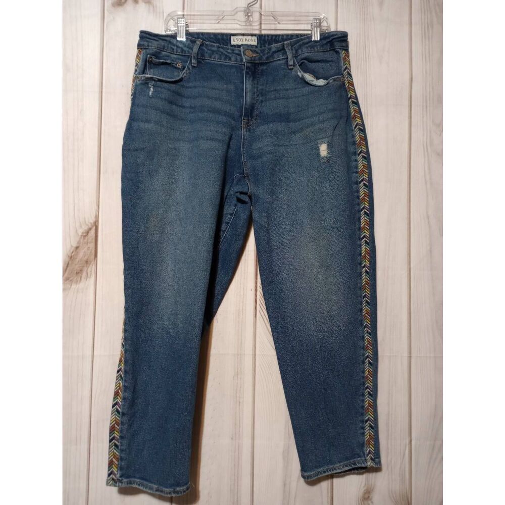 Knox Rose Womens Size 16 Medium Wash Embroidered Side Stripe Straight Leg Jeans